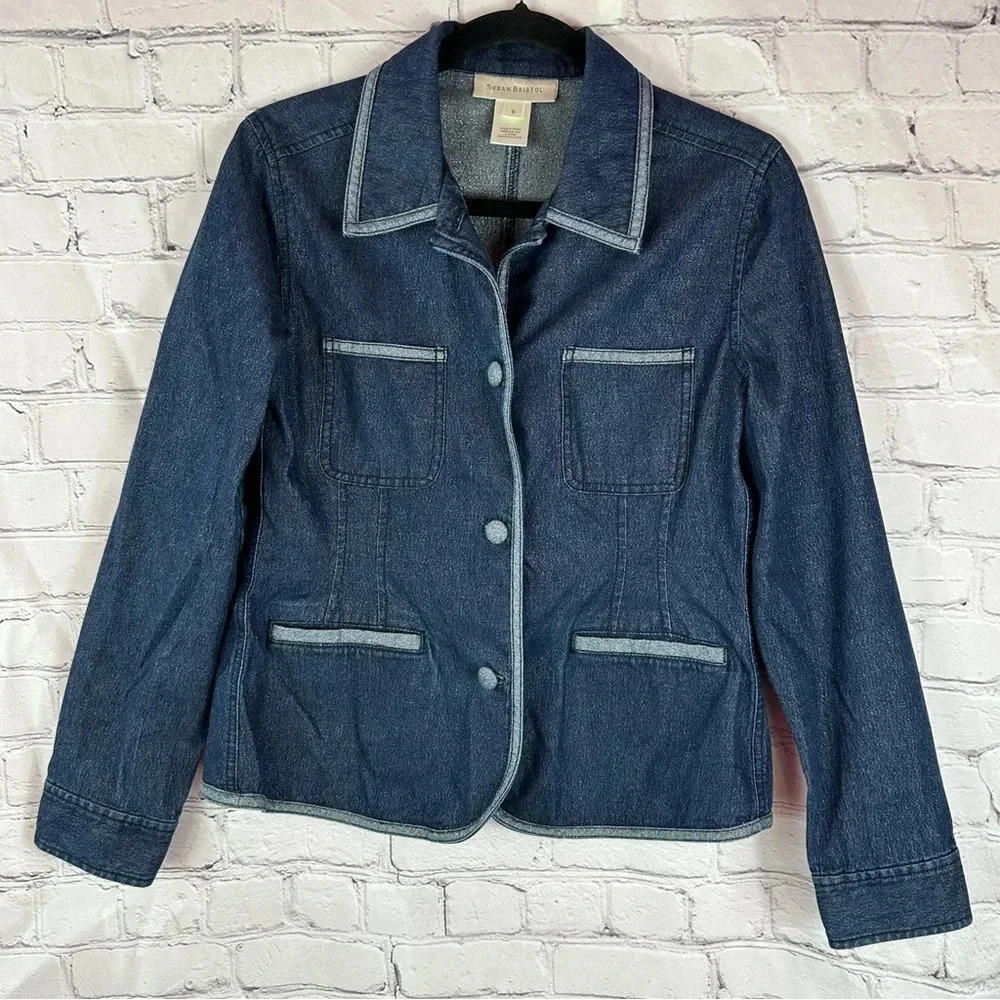 susan bristol denim blazer jacket size 6 with contrast piping detail